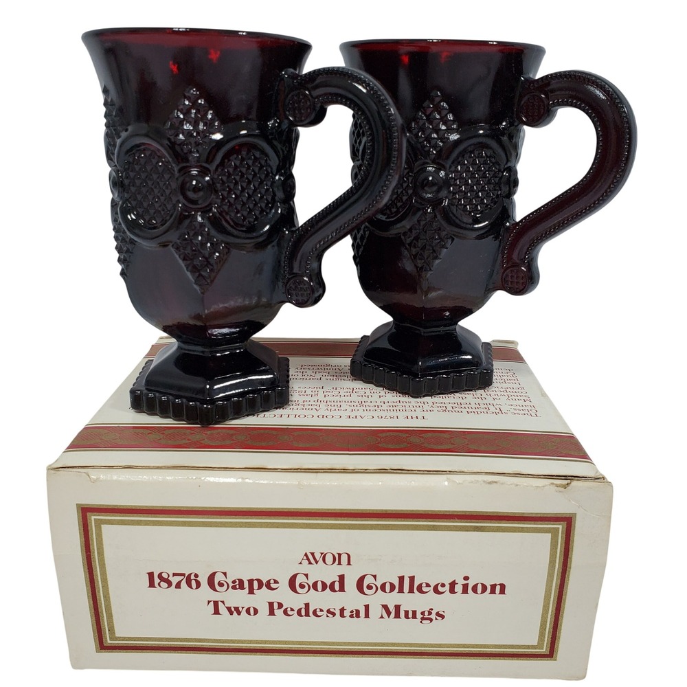 Avon 1876 Cape Cod Collection Pedestal Mugs Set 2 Ruby Red Glass Vintage Boxed